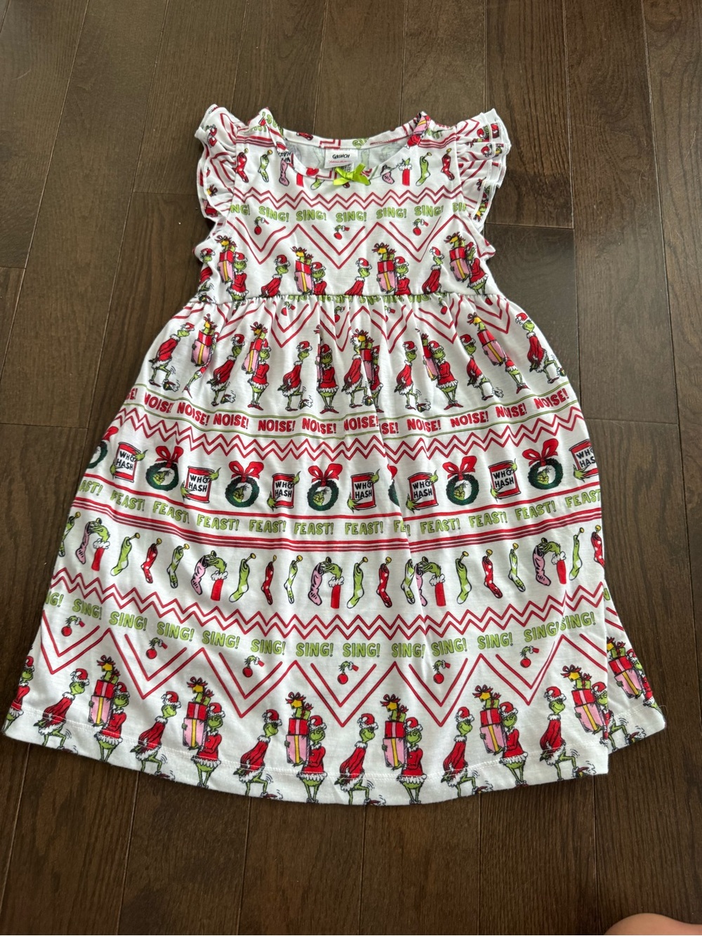 Girls White Holiday Print Dress with Grinch Motif